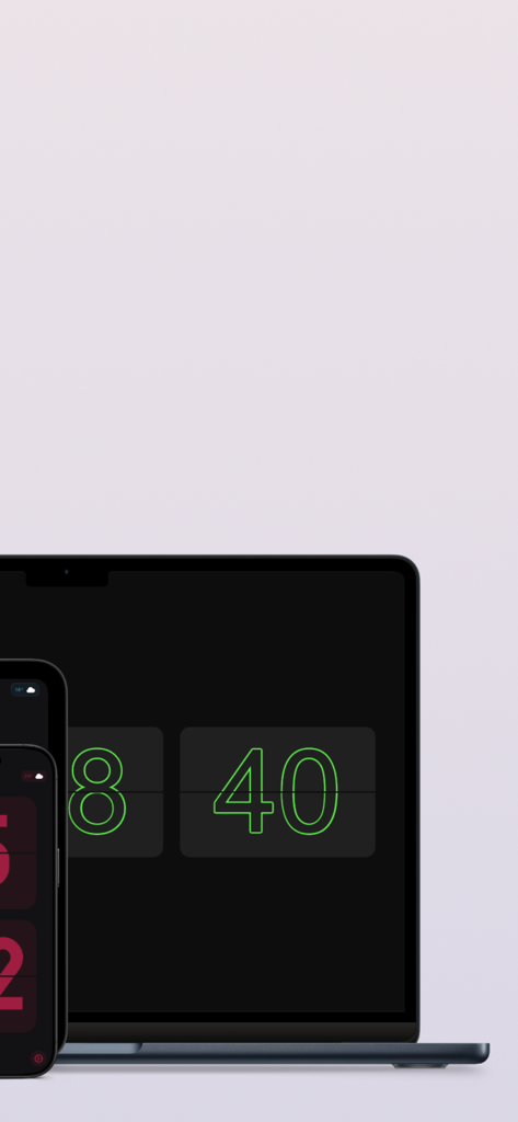 FlipKlok: FlipClock & Pomodoro - FlipKlok flip clock app running on a MacBook and iPhone screen