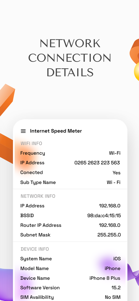 Wifi Internet Speed Test Meter - App interface displaying Wi-Fi, network, and device details for internet diagnostics.