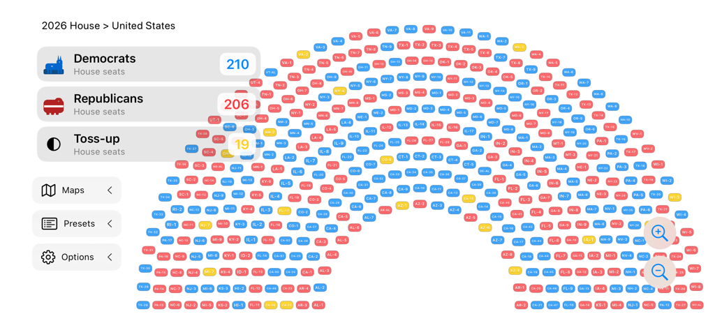 Interactive parliament style map of the 2026 US House of Representatives seats with Democratic and Republican seat counts