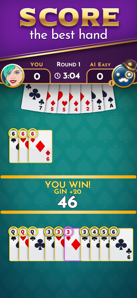 Pantalla del juego móvil Rummy Royale mostrando una mano ganadora de Gin Rummy