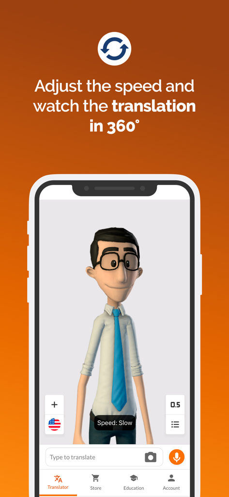 Hand Talk app screenshot showing a 3D avatar for sign language translation with 360 degree view and speed controls
