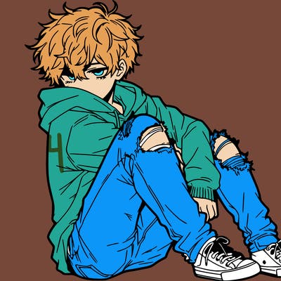 a male hoddie ripped jeans messy hair anime
