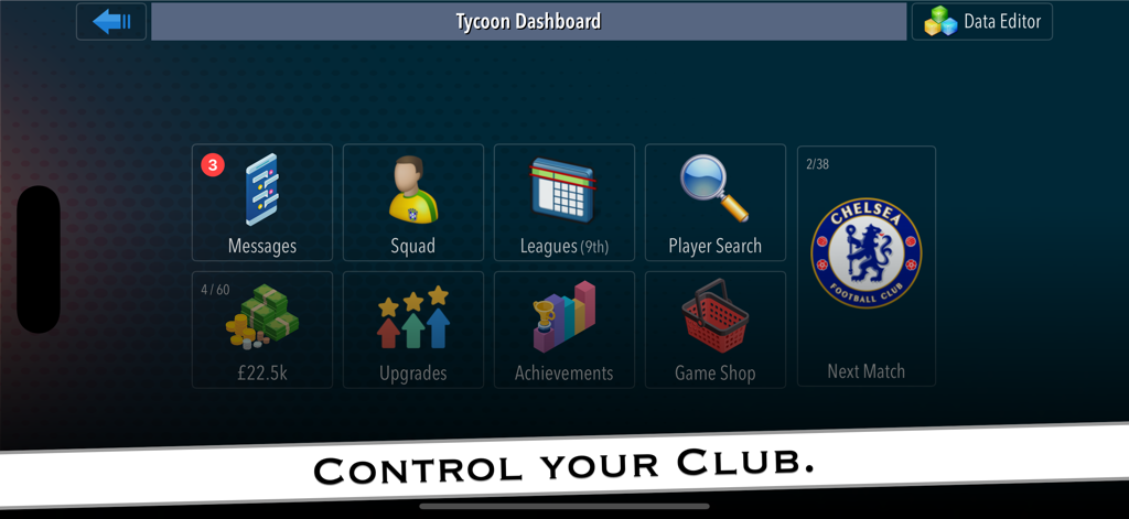 Football Tycoon 2 - Football Tycoon 2 main dashboard with management icons for squad leagues and finances