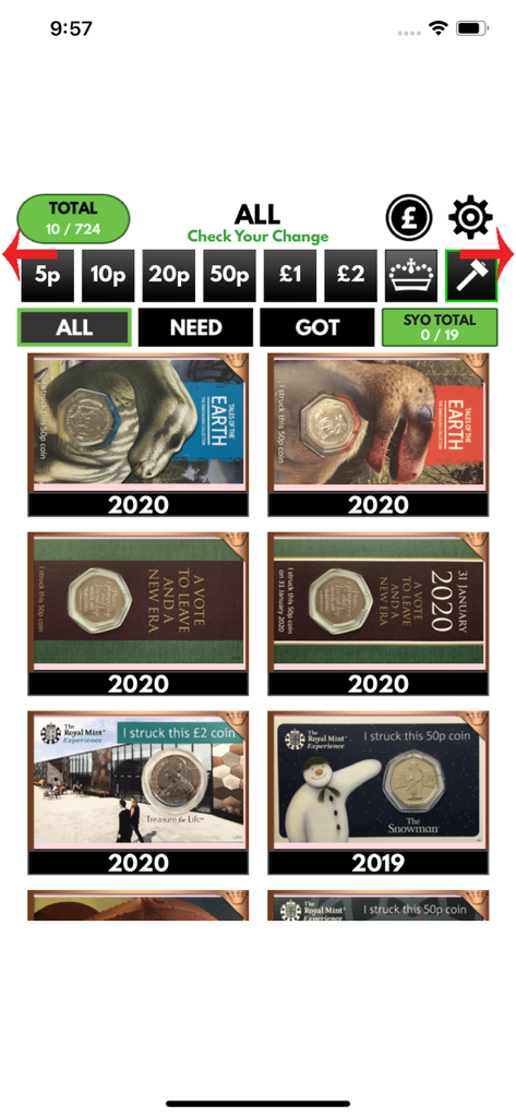 Check Your Change - Interface of the Check Your Change app displaying a grid of collectible UK coins with denomination filters