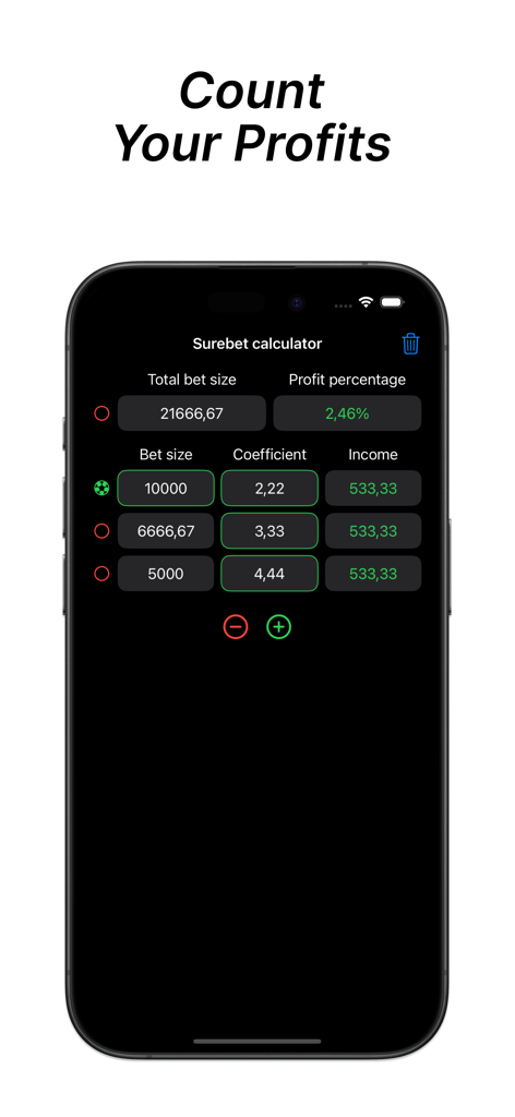 Interfaccia dell'app Calcolatore di Profitti Surebet che mostra calcoli di scommesse a esiti multipli con percentuale di profitto e dettagli sul reddito.