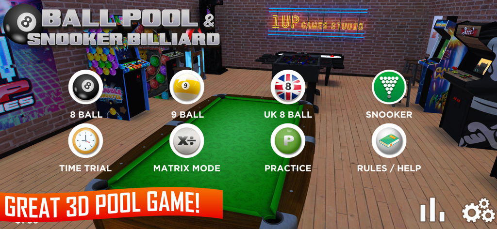 8 Ball Pool & Snooker Billiard - Main menu of 8 Ball Pool and Snooker Billiard game showing various gameplay modes in a 3D arcade environment