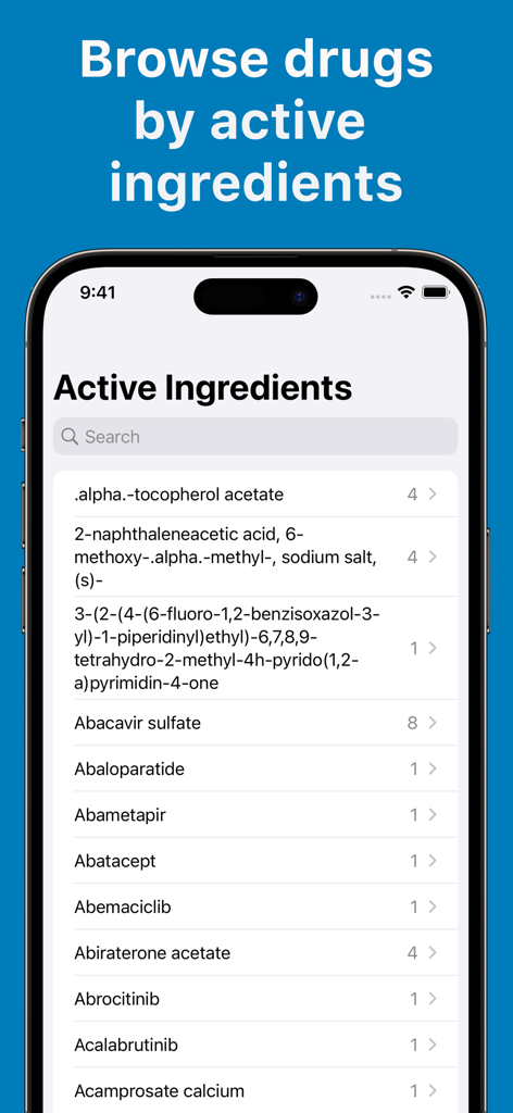 Drug Guide & Medication - Una pantalla de aplicación móvil que muestra una lista consultable de ingredientes activos médicos para el descubrimiento de fármacos.