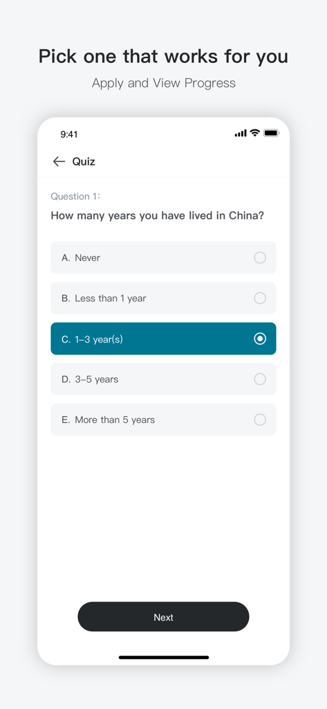 Appen Task - A survey screen in the Appen Task app asking how many years the user has lived in China with multiple choice options.