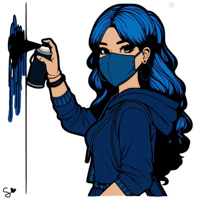 realistic girl with mask spray painting a wall