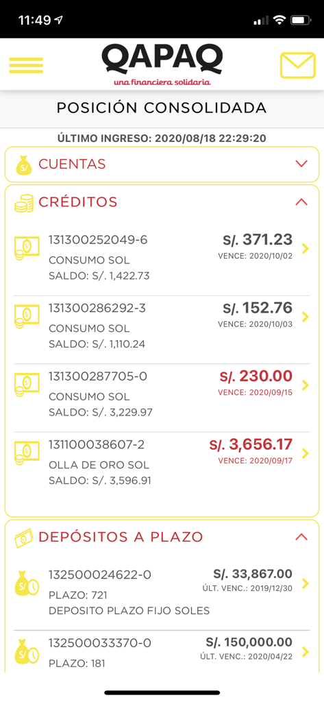 Interfaz móvil de Financiera QAPAQ que muestra un resumen de cuentas bancarias, créditos y depósitos consolidados.