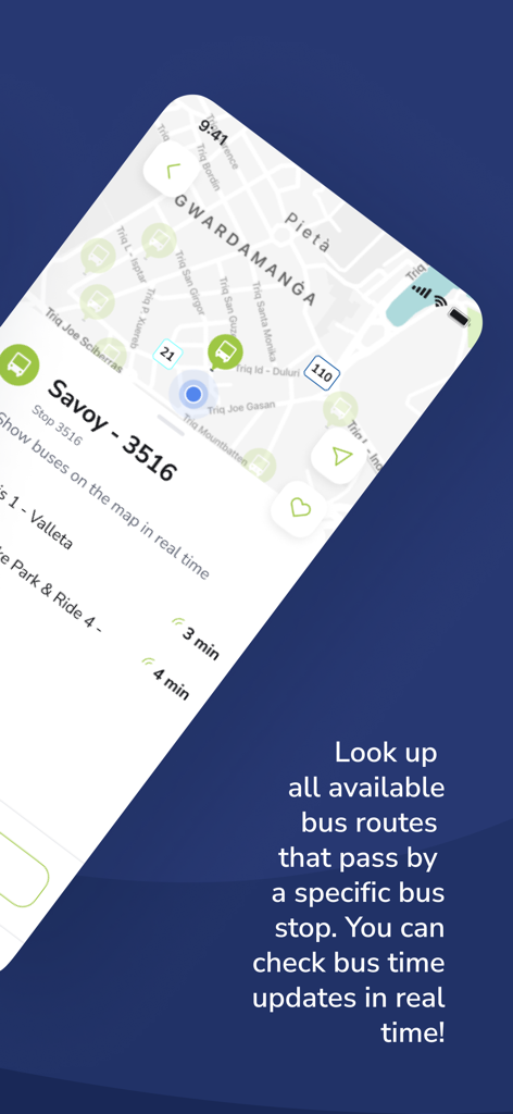 Map view of the Tallinja app showing real time bus arrival times at a stop in Malta