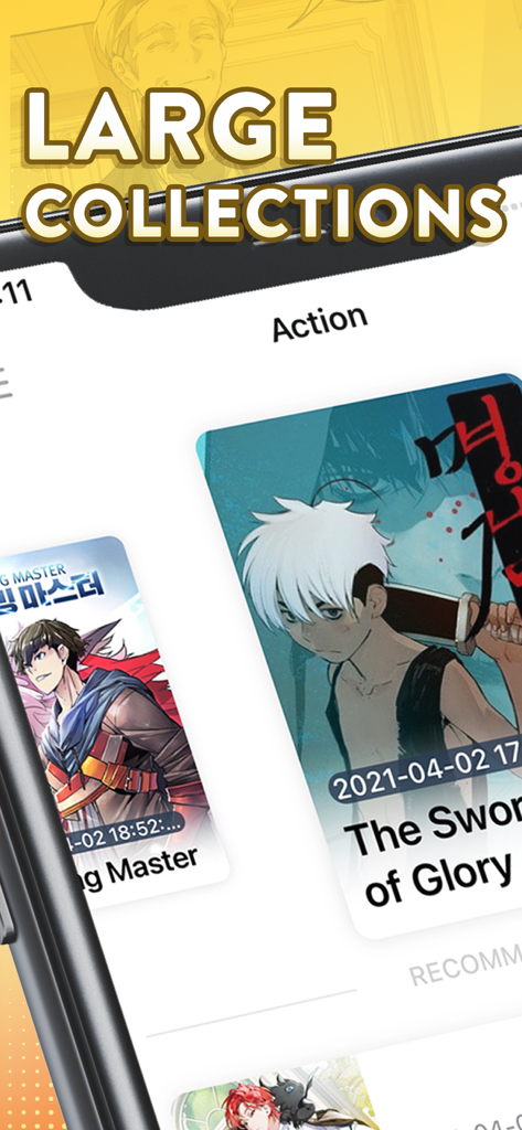 Interface do aplicativo Manga Max exibindo uma grande coleção de títulos de mangá de ação com arte de capa de alta qualidade.