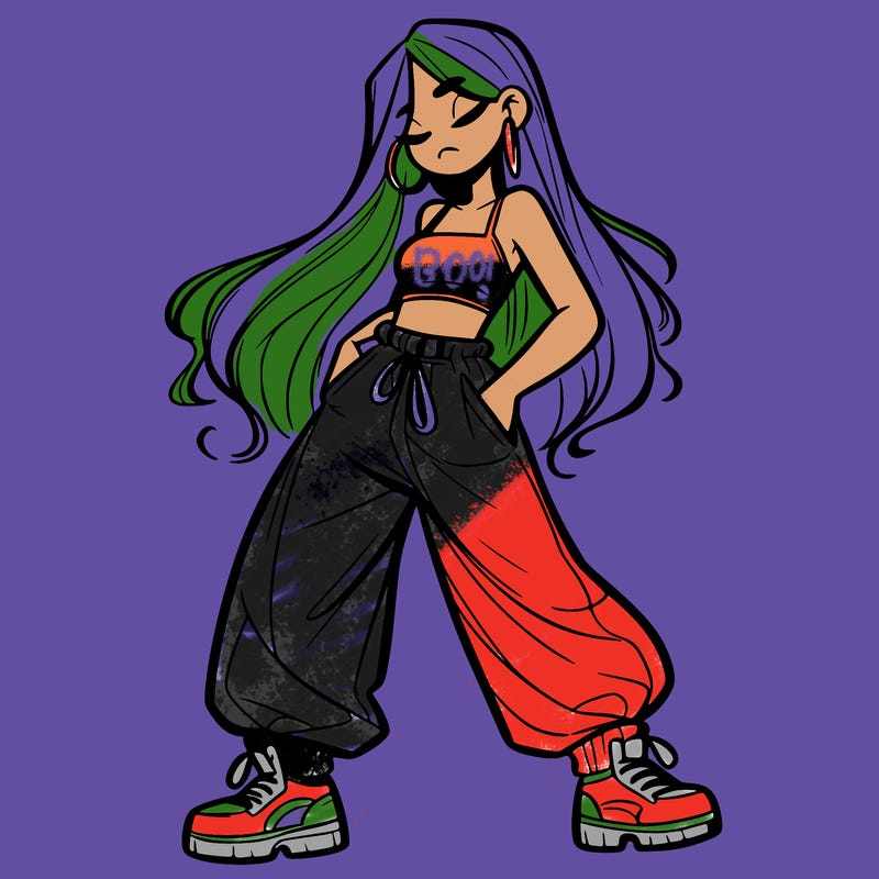 girl in baggy pants crop top and long hair