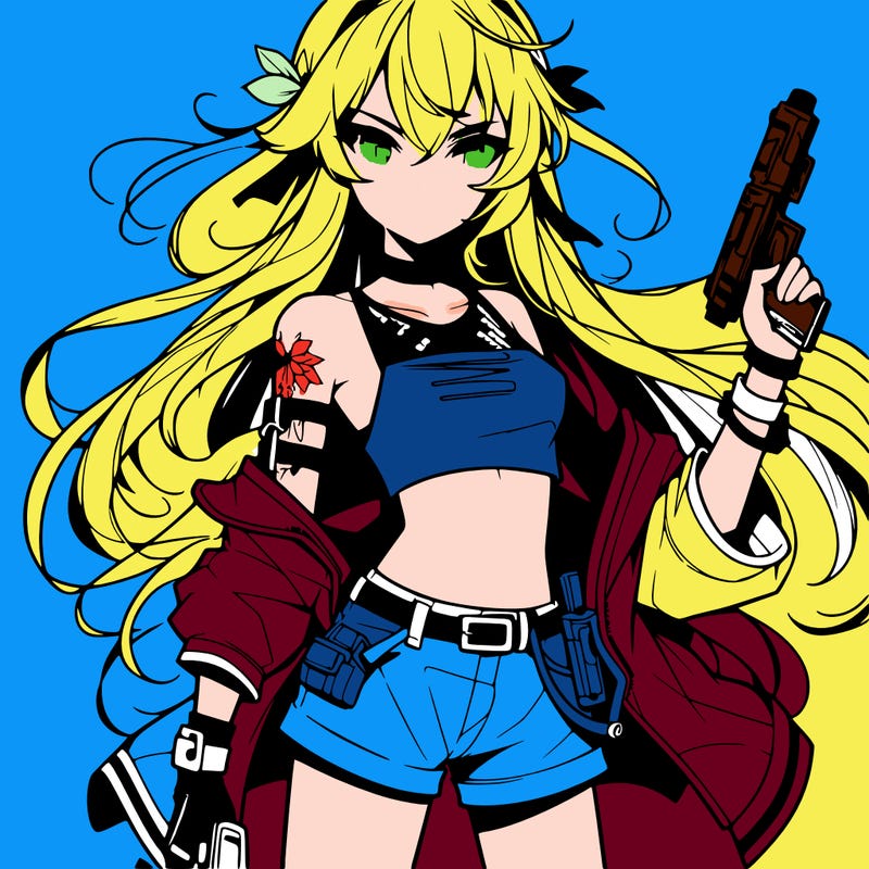 bad girl wearing crop top holding a gun long hair anime