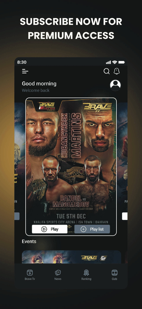 La pantalla de inicio de la aplicación BRAVE TV MMA mostrando eventos de peleas en vivo destacados y un banner de suscripción premium.
