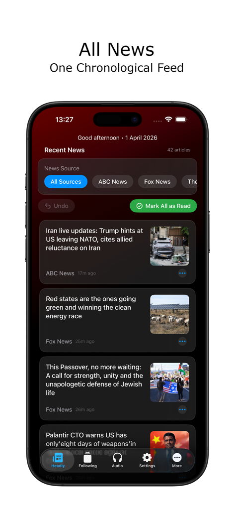 Headly - AI News Summary - Un flux d'actualités chronologique unifié dans l'application Headly sur un iPhone