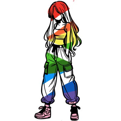 girl in baggy pants crop top and long hair