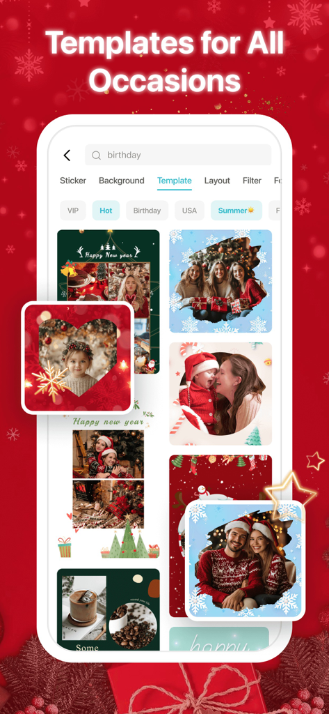 Capture d'écran de l'application PhotoGrid présentant des modèles de collages photo sur le thème des fêtes et de Noël.