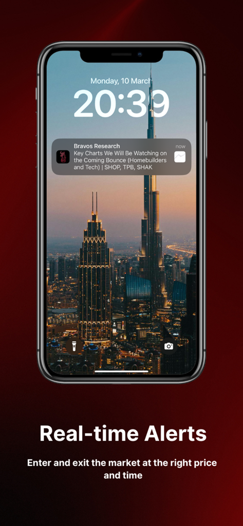 Bravos Research - iPhone lock screen showing a real-time investment alert from the Bravos Research app