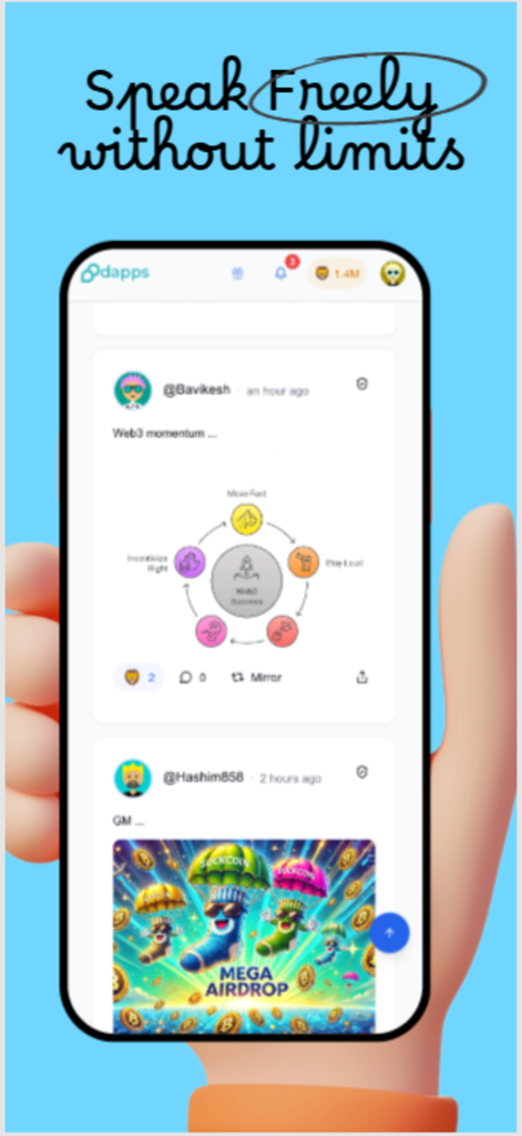 Dapps.co - Interfaz de la aplicación móvil Dapps.co mostrando un feed social con contenido Web3 y el lema Habla Libremente sin límites