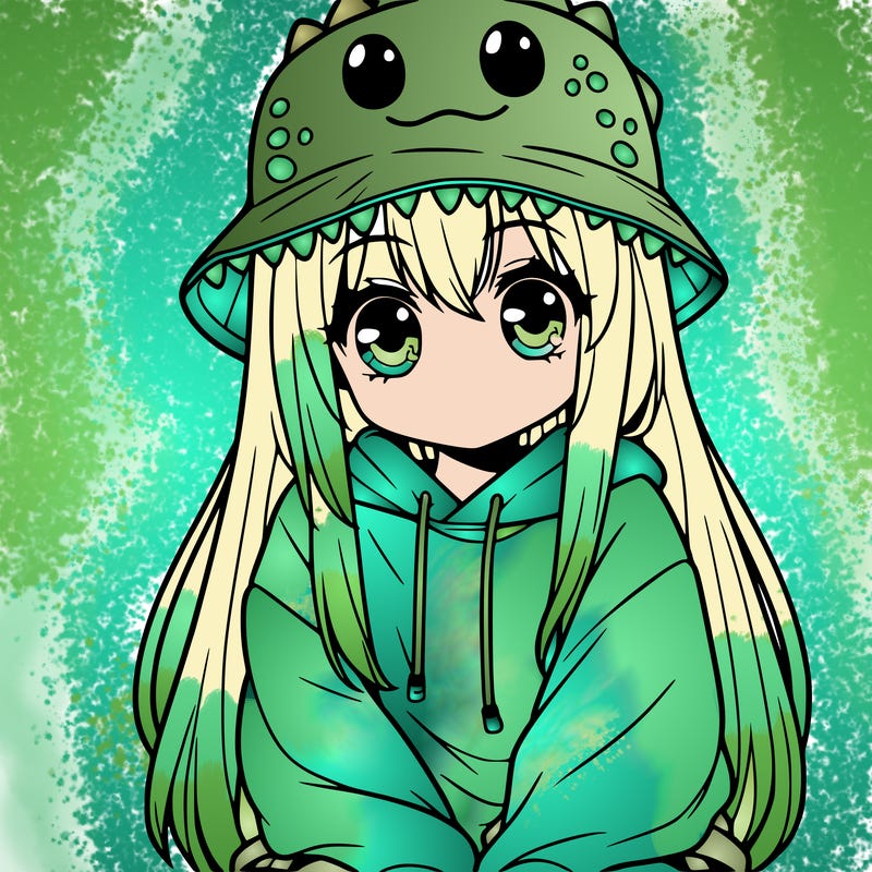 girl with anime shaped eyes with a dinosaur bucket hat oversized sweatshirt long straight hair