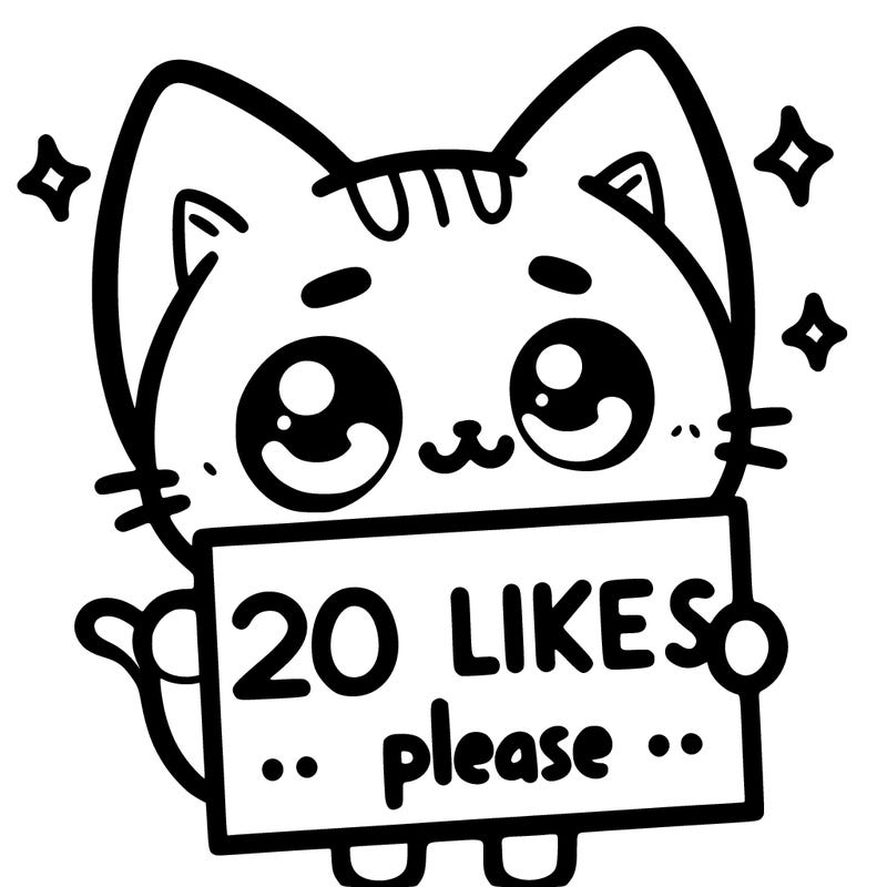 a cat that is holding a sign that says 20 likes please