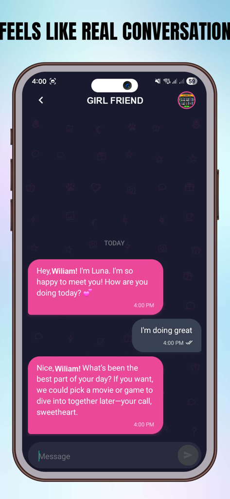 MAI: Virtual Companion Ai Vibe - A smartphone showing a friendly chat conversation with an AI virtual companion named Luna