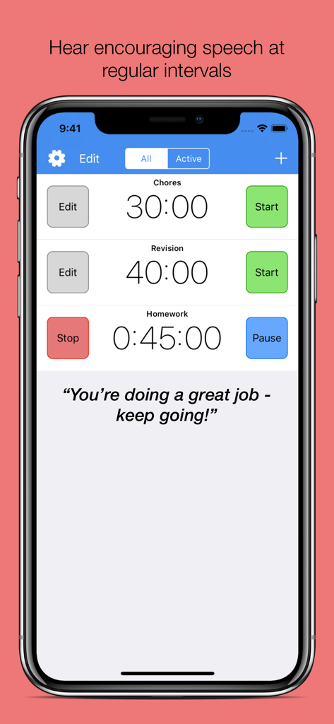 SpeakTimer - Voice Alert Timer - A smartphone showing the SpeakTimer app with multiple timers for chores, revision, and homework, featuring a motivational voice alert message.