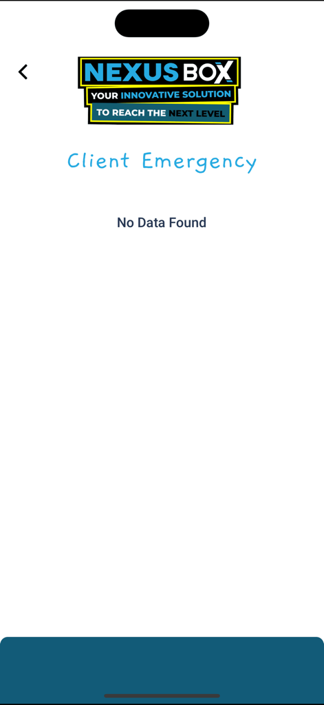 Nexus Box Client Emergency - Nexus Box Client Emergency app screen showing the brand logo and a no data found message.