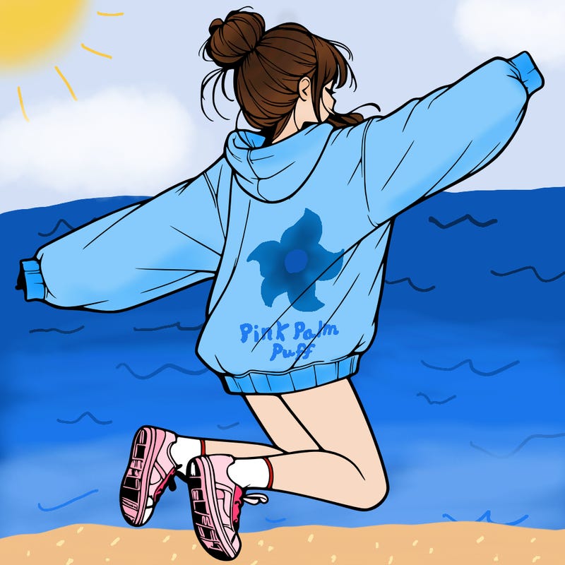 realistic girl jumping with a bun and oversized sweatshirt