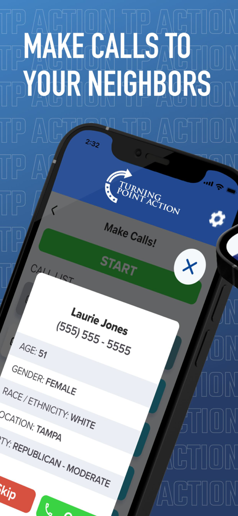 TPACTION - TPACTION-App-Bildschirm, der eine Graswurzel-Politikaktivitätsfunktion zum Anrufen von Nachbarn und Wählern zeigt