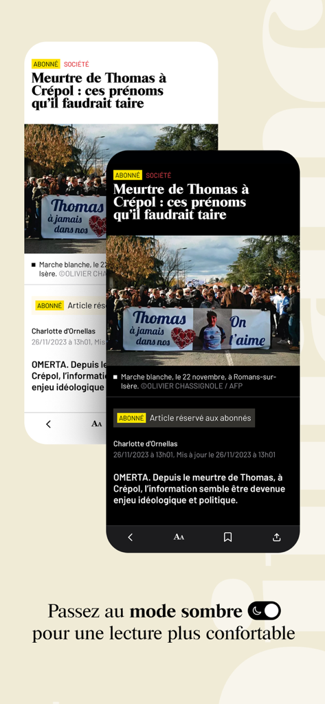 Le JDD mobile app interface comparing light and dark mode for a comfortable reading experience