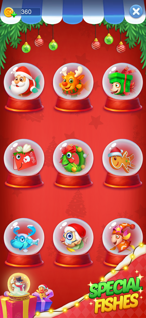 A collection of special Christmas themed fish characters inside snow globes