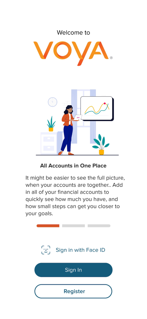 Voya - Voya app welcome screen showing a financial planning illustration with the headline All Accounts in One Place and sign in options