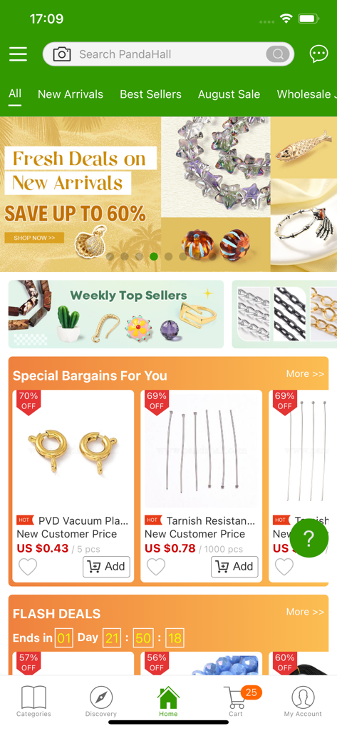 Pandahall  Beads - Home screen of the PandaHall Beads mobile app showing wholesale jewelry findings and craft supply deals