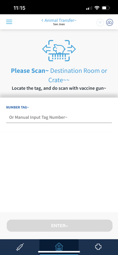 Interface of the Farm Data Manager app showing the animal transfer screen with options to scan a destination room or crate tag or manually enter a tag number.
