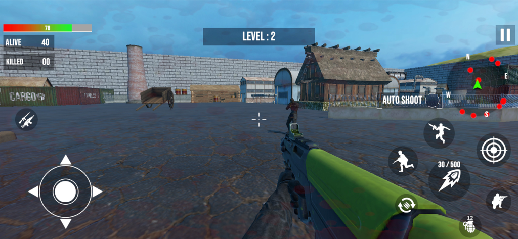 Fps Commando Shooting Gun Game - First person perspective of a shooting game with a green assault rifle and on screen controls.