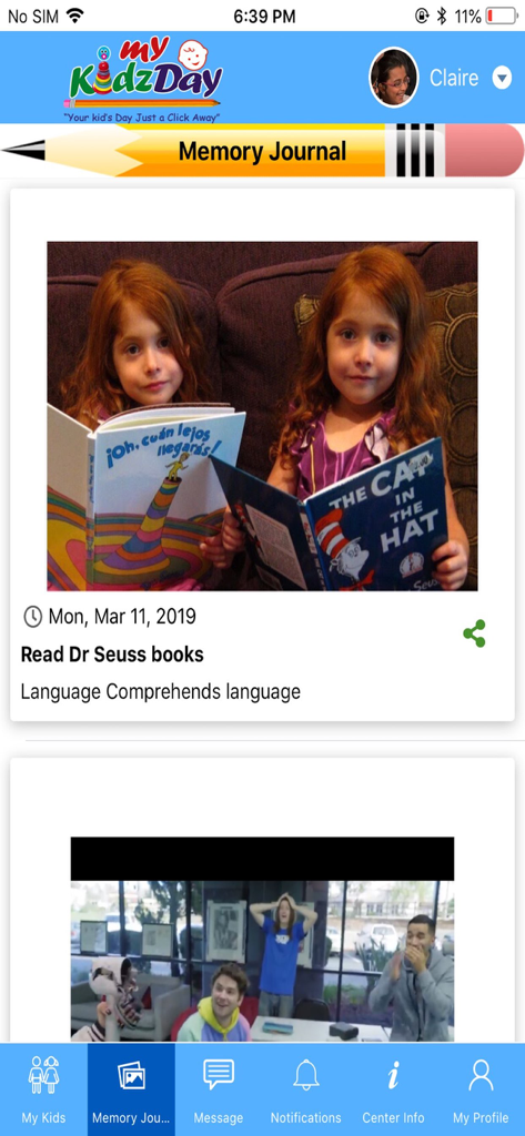 Digital memory journal in myKidzDay app showing children reading books at daycare