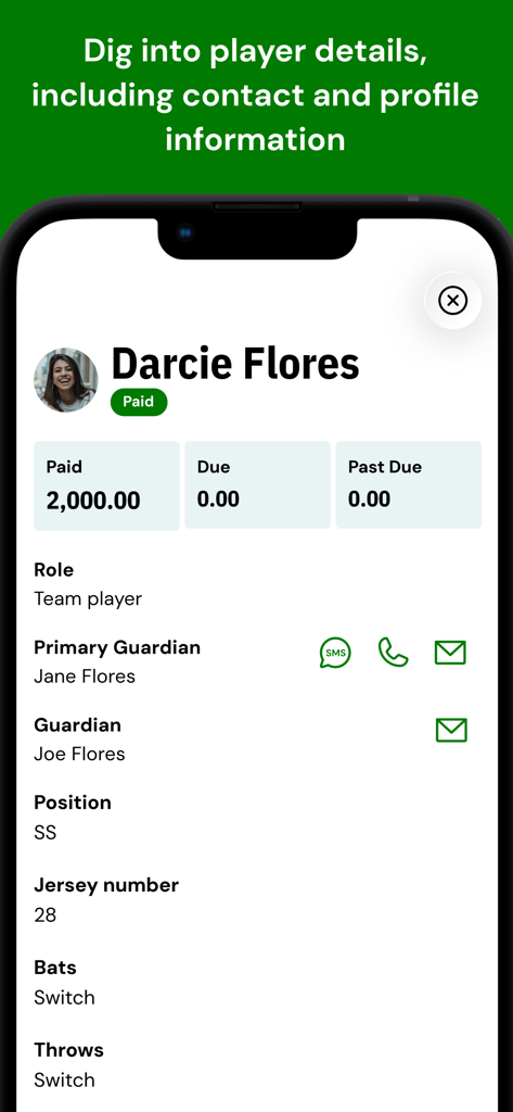 Mobile App-Bildschirm, der ein Jugendsportlerprofil mit Kontaktinformationen, Trikotnummer und Zahlungsstatus anzeigt.
