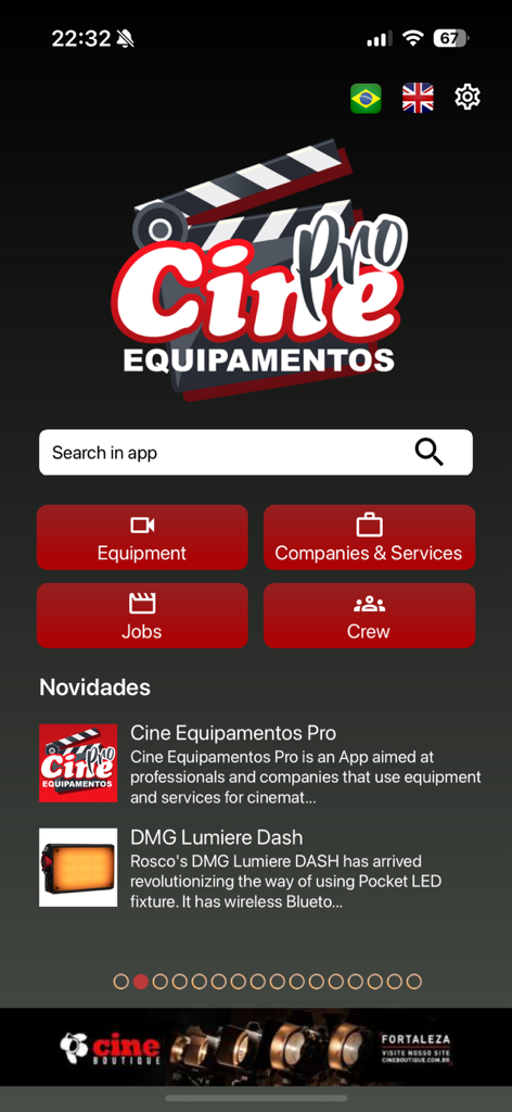Cine Equipamentos - Ecrã inicial da aplicação Cine Equipamentos Pro mostrando os menus de gestão de trabalhos de equipamento e equipa