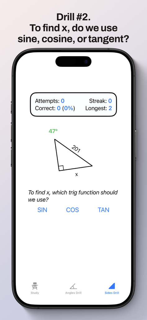 SOH CAH TOA - SOH CAH TOA app interface showing a trigonometry practice drill for solving triangle sides
