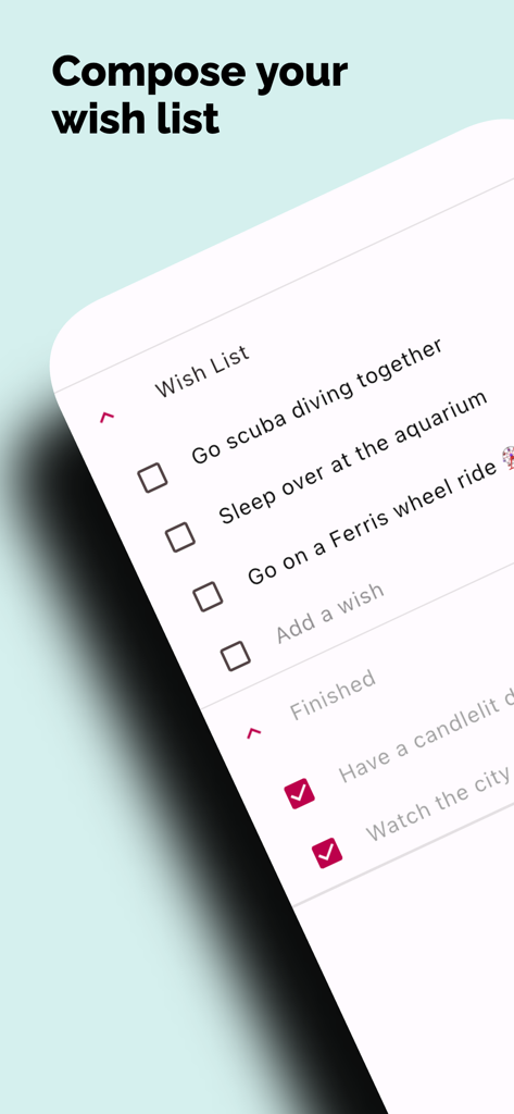 Duet — Couples Calendar & More - Interface of the Duet app showing a shared wishlist for couples with bucket list activities