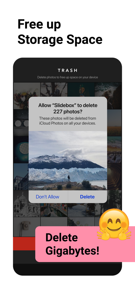 Slidebox: Photo Cleaner App - Slidebox app screenshot showing a system dialog to confirm the deletion of 227 photos to free up storage space.