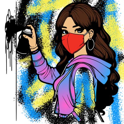 realistic girl with mask spray painting a wall