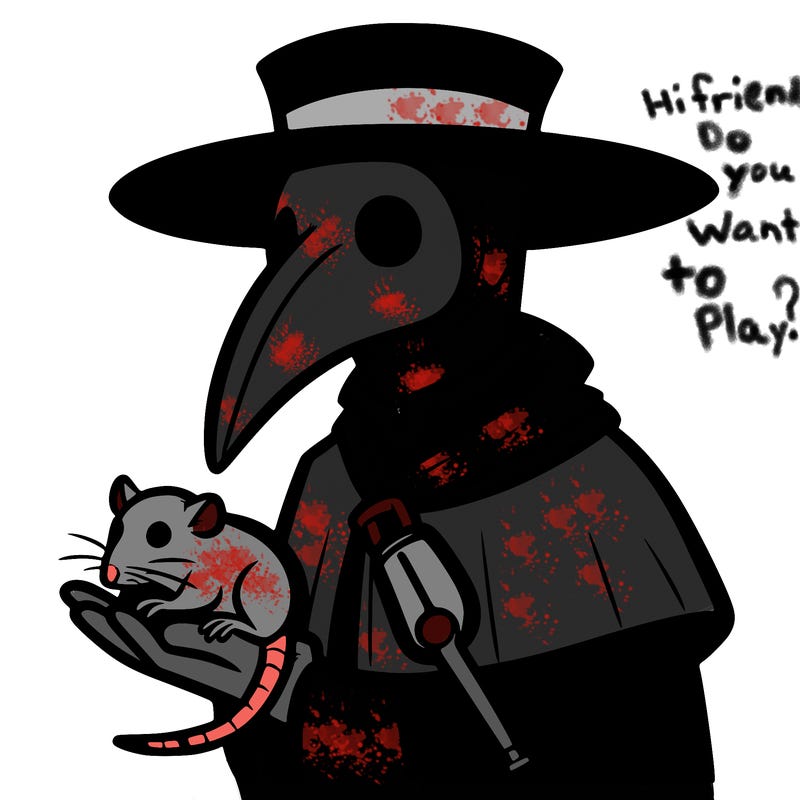 plague doctor holding a rat