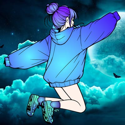 realistic girl jumping with a bun and oversized sweatshirt