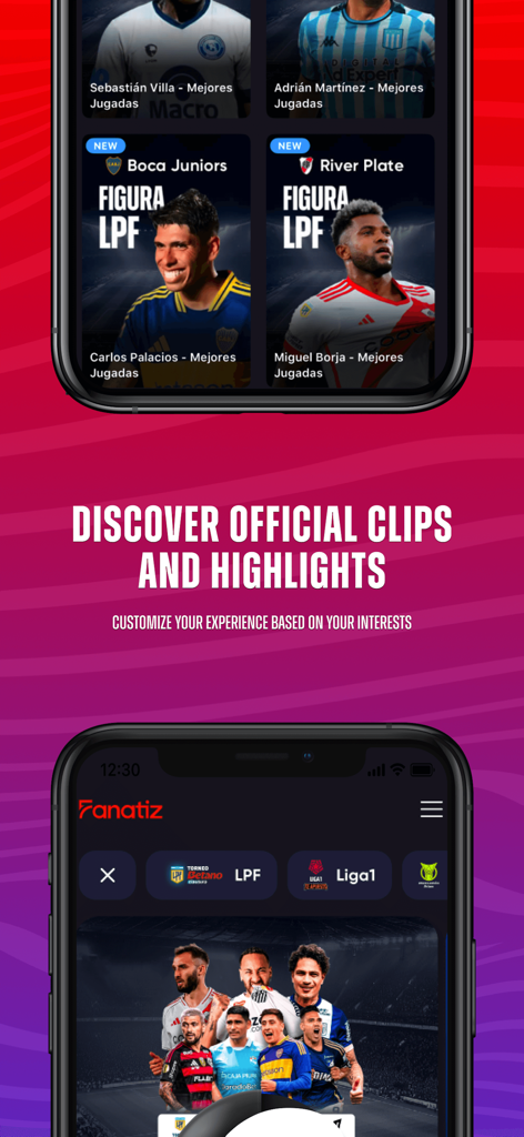 Fanatiz - Interfaz de la aplicación Fanatiz mostrando clips oficiales de fútbol y momentos destacados de jugadores de las principales ligas sudamericanas