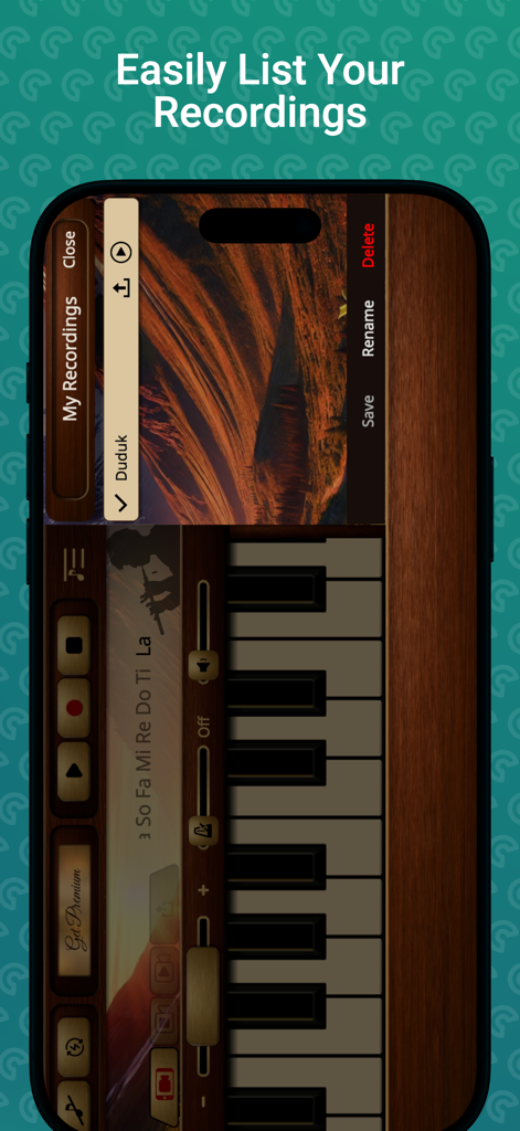 Duduk Sim - A screenshot of the Duduk Sim app showing the manage recordings screen with options to save rename or delete files