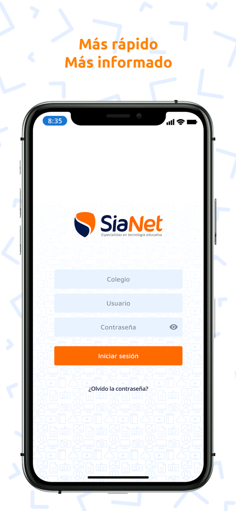 SiaNet education app login screen on a smartphone showing fields for school username and password
