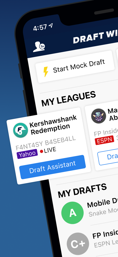 The main dashboard of the Fantasy Baseball Draft Wizard app showing league management and mock draft options